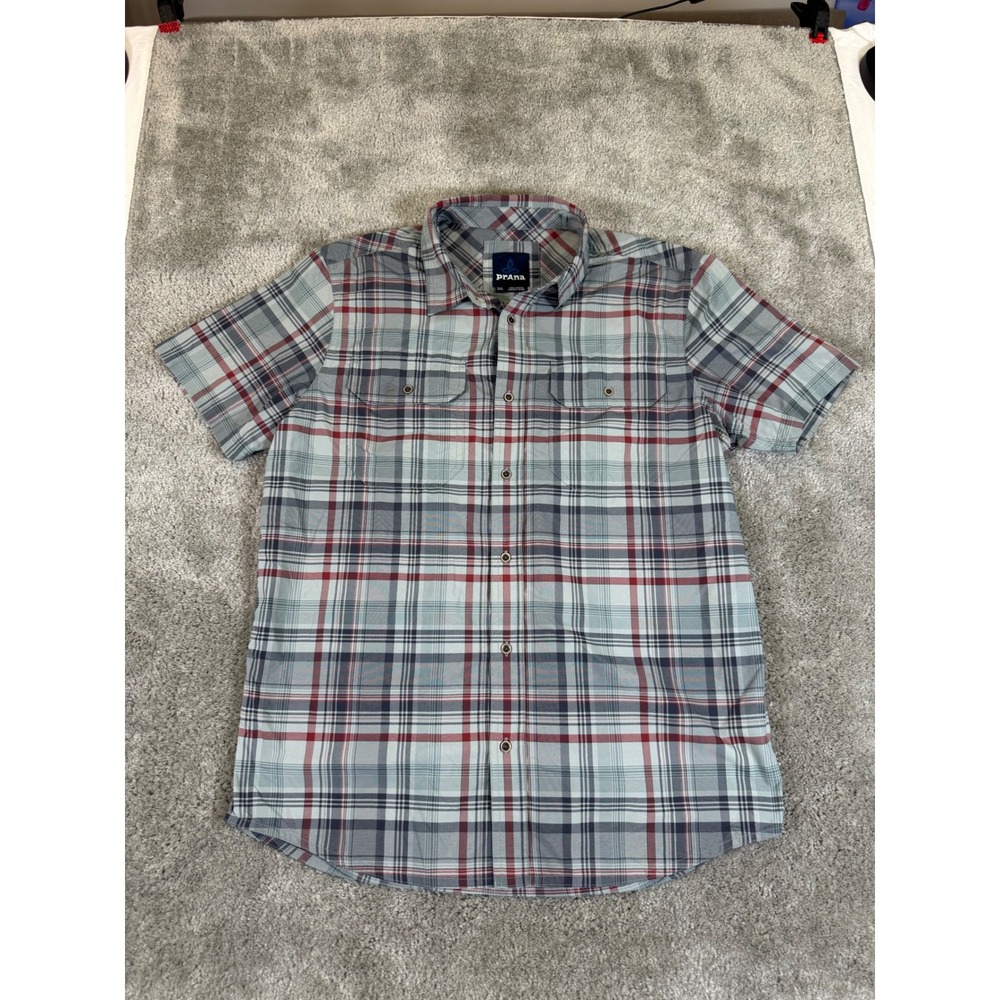Prana Mens Small Plaid Short Sleeve Button Down Shirt Blue Red Nylon Hiking 0635